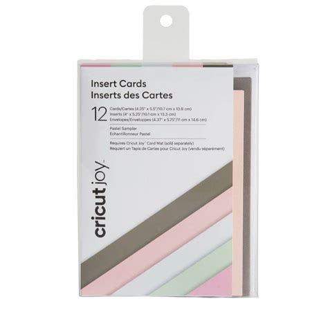 2007259 - Cricut Joy Insert Cards 12-Pack (Princess); 12 cards (3 of each color) in Tulip, Powder Blue, Whispering Blue, Lavender; 12 Silver Holographic inserts; 12 White envelopes; Dimensions: Cards 4.25 in x 5.5 in (10.8 cm x 14 cm), Inserts 4 in x 5.25 in (10.2 cm x 13.3 cm), Envelopes 4.4 in x 5.75 in (11.1 cm x 14.6 cm); Create vibrant two-tone greeting cards without the mess or hassle of glue; Easy to cut with specialized Cricut Joy™ Card Mat (sold separately); For Cricut Joy™